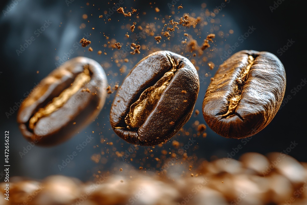 Poster exploring the essence of coffee with floating beans and aromatic details in motion
