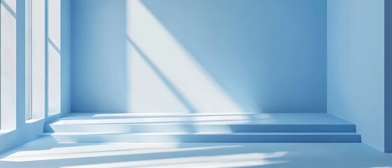 Bright Sunlight Streaming Through Large Window Illuminating Minimalist Blue Interior Space with Cast Shadows and Shaded Floor in Modern Room Design