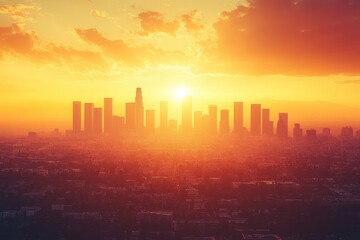 Fototapeta premium Golden sunset over Los Angeles skyline illuminating buildings and cityscape with vibrant orange hues
