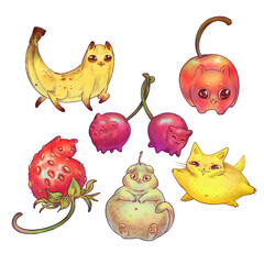 Creative illustration of cute fruit-cats characters in vibrant colors