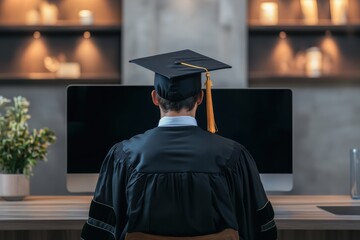 Graduation ceremony attendee in cap and gown celebrating online completion of degree