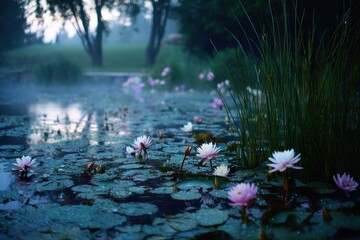 A serene pond surrounded by blooming water lilies at dawn