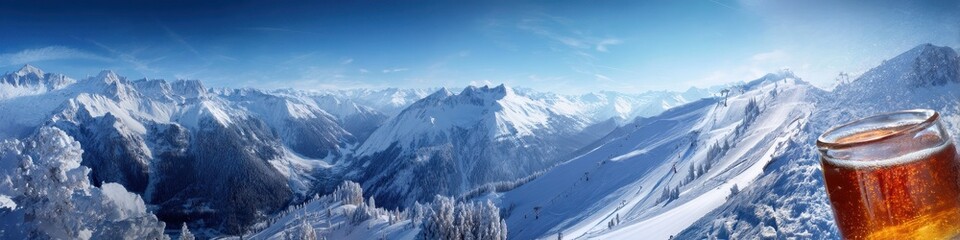 Fototapeta premium Panoramic AprÃ¨s-Ski Experience: Enjoying Winter Sports, Alpine Views, and Festive Drinks in a Snowy Wonderland