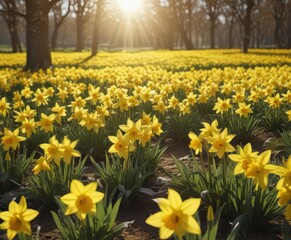 Obraz premium Sunlit daffodil field, vibrant yellow petals, spring bloom, golden, beautiful