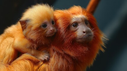 Fototapeta premium Vigilant Golden Lion Tamarin Holding Its Baby: A Rare and Adorable Endangered Creature from Brazil