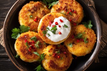 Crunchy Aloo Tikki Delight: Close-Up of Indian Potato Patties with Yogurt on Rustic Background - Horizontal Top View