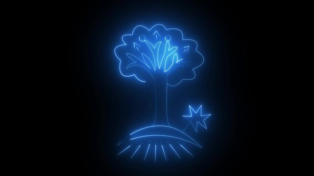 Neon Glowing Outline Tree Animation, Tree symbol, tree icon on Black Background. Neon Outline Tree Animated in Black Background. 4k