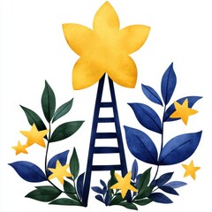 Yellow Star Watercolor Illustration with Ladder and Blue Leaves