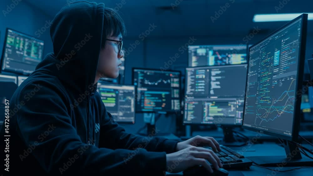 Aufkleber hacker working on multiple monitors in dark room - a hooded figure sits in a dark room