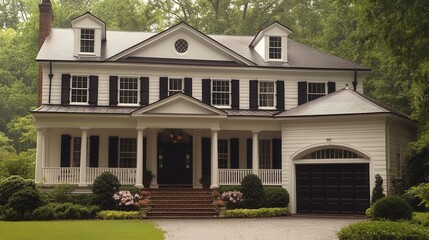 Naklejka premium Elegant, white colonial home with a dark exterior.