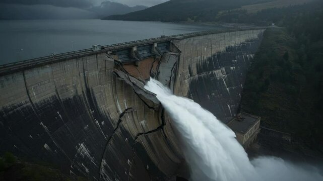 A large concrete dam shows significant damage with a large crack allowing a powerful torrent of water to rush through.  The scene is set against a moody, overcast sky and a mountainous landscape.