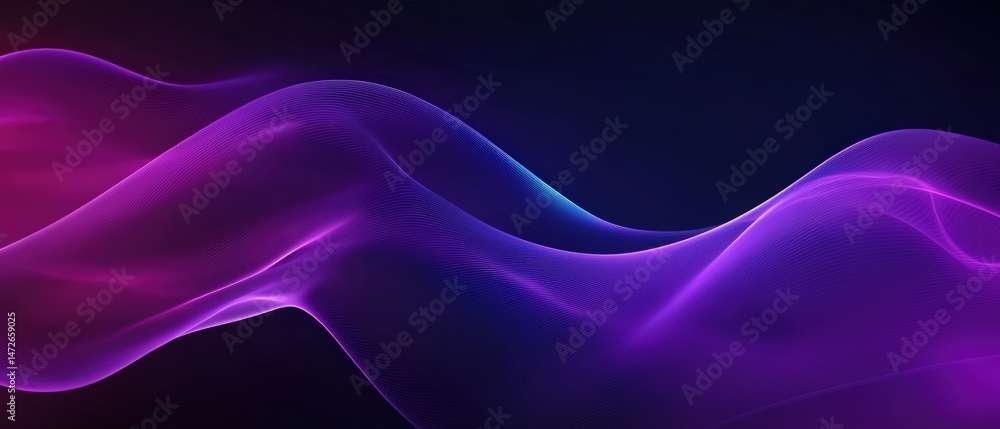 Poster abstract flowing waves of vibrant purple and blue glowing energy with smooth curves and dynamic move