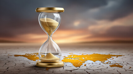 Hourglass sand world map cracked earth climate change drought global warming urgency dramatic sky environmental crisis. An hourglass filled with