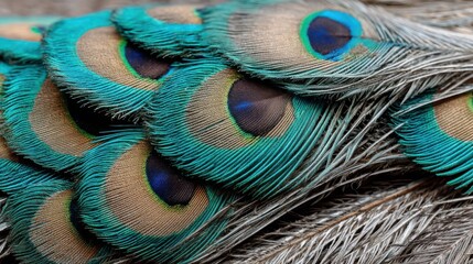 Fototapeta premium Close-up of vibrant, colorful peacock feathers showcasing intricate patterns and striking iridescence.