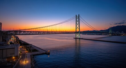 Twilight Serenity: Akashi Kaikyo Bridge Illuminated by Sunset over Kobe Port