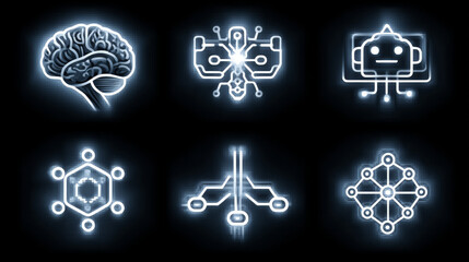 A minimalist and clean vector set of six essential AI tool icons, featuring stylized representations of a brain, chatbot, algorithm, machine learning, neural network, and data analysis. Generative AI