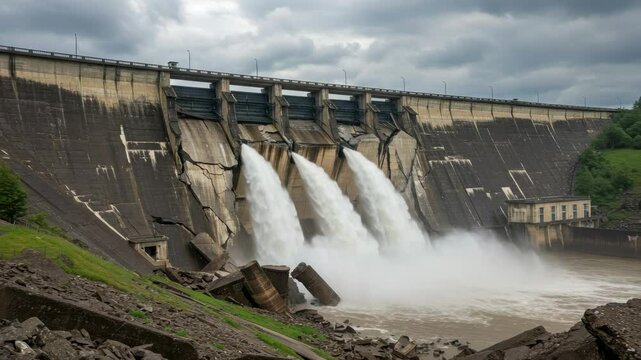 Dam Failure: Catastrophic Water Release - A large dam is shown with significant structural damage, releasing a massive amount of water.  Debris and cracked concrete are visible