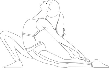 Minimalist line art illustration of a woman performing a yoga stretch pose, symbolizing health, flexibility, and mental calm ideal for wellness blogs, fitness apps, meditation platforms, workout pro