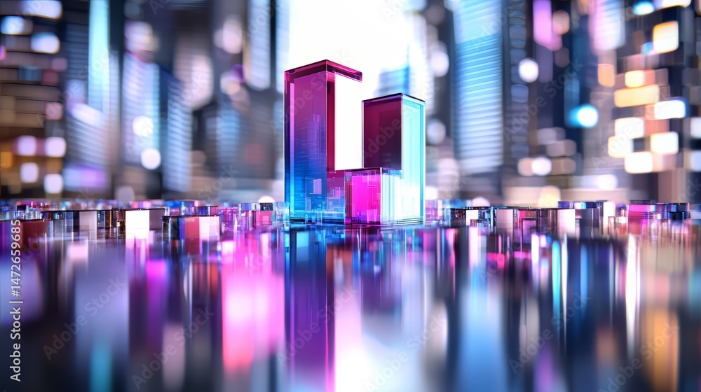 Poster cityscape with buildings and a reflection of them in the water. the buildings are made of cubes and 