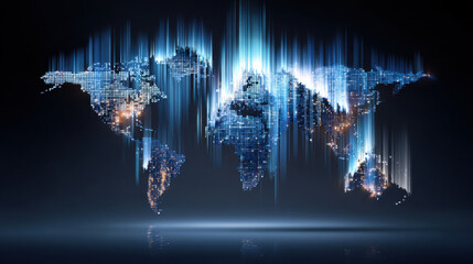 Digital world map with glowing blue lights illustrates concept of trade war and global economic tension in futuristic style