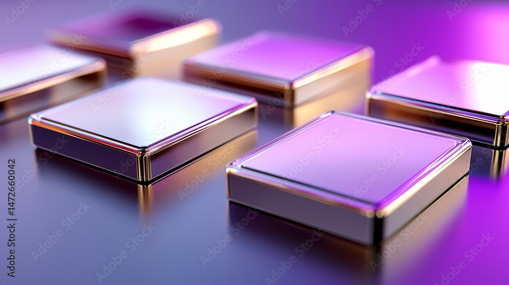 Aufkleber Close up of a row of square objects with a purple background. The objects are shiny and metallic, and they appear to be arranged in a pattern. Scene is sleek and modern