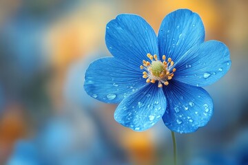 Bright blue flower with dew drops in a soft vibrant background during spring season