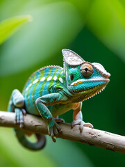 Obraz premium chameleon hunts stick out their long tongue to catch prey with blurred background