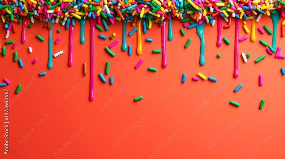Poster colorful background with sprinkles and a colorful drizzle of paint. the sprinkles are in various col