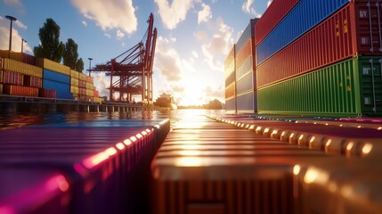Colorful image of a harbor with a large number of containers. Scene is lively and bustling, with the sun shining brightly on the water and the containers