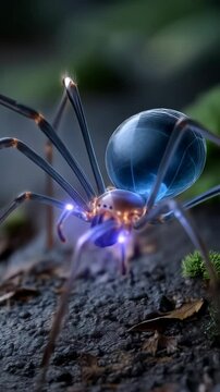 Digital depiction of a long-legged harvestman spider resting on textured ground with vibrant blue bioluminescence, against a blurred green backdrop.