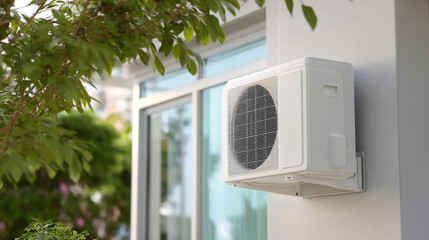 Modern air conditioning unit installed on a residential exterior wall during daytime