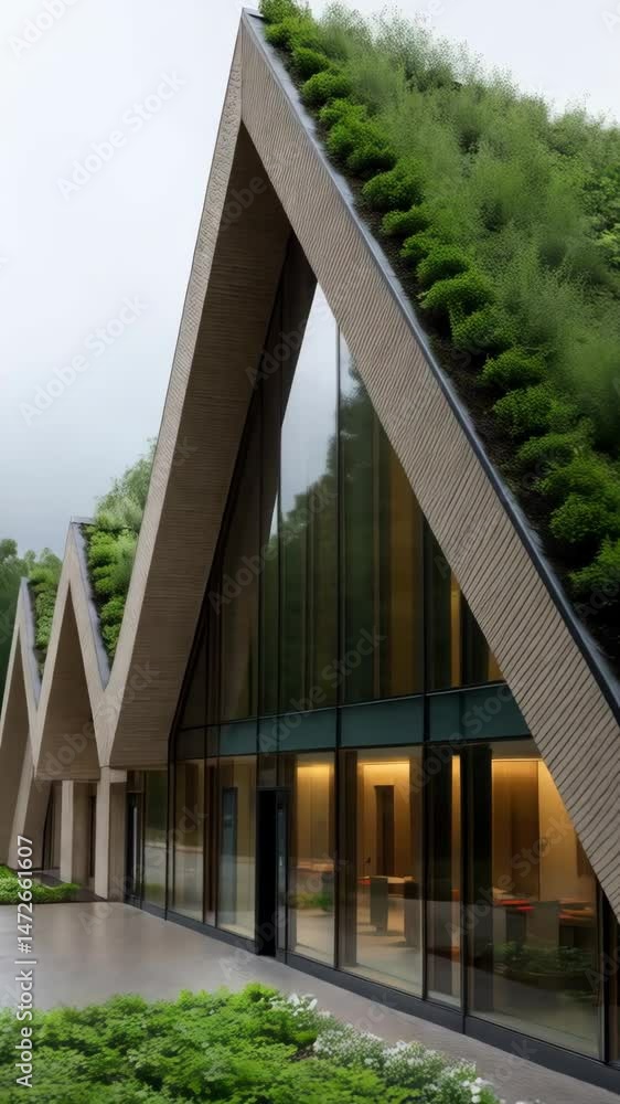 Poster unique modern architecture building with a geometric triangular shape and vibrant green vegetation c