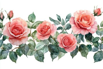 Beautiful pink roses adorned with green leaves create a stunning floral design suitable for various decorative uses
