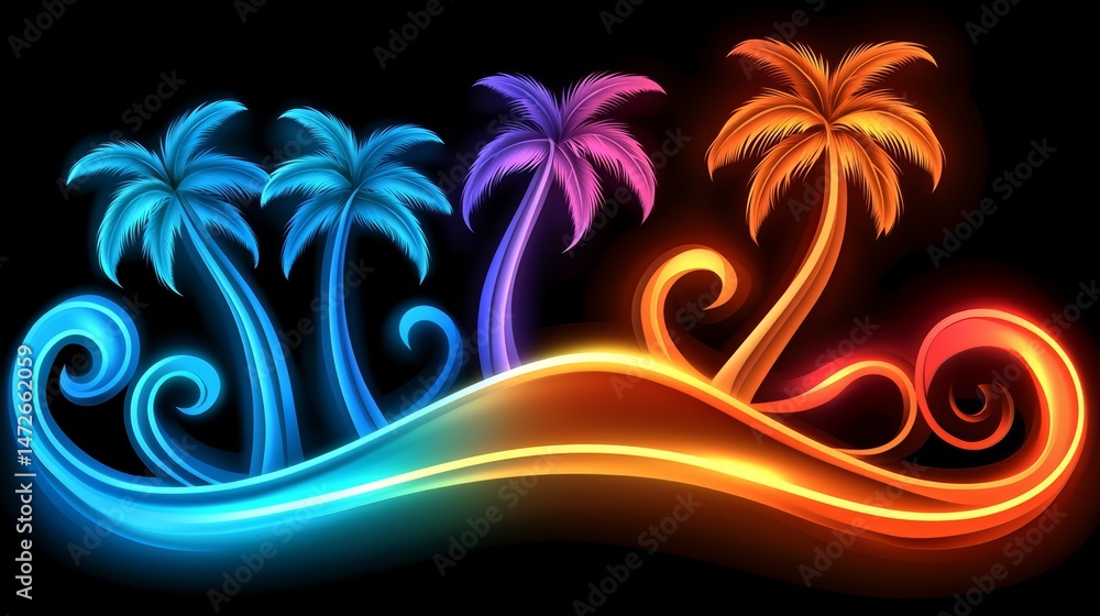 Poster colorful tropical scene with four palm trees in a curved line. the colors are bright and vibrant, cr