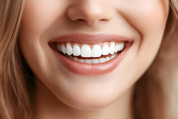 Fototapeta premium Close-up of a bright white smile with straight teeth and natural lips. Close-up