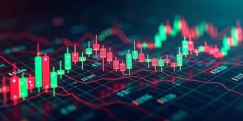 Stock Chart, Global economy under pressure in 2025 with chains and glowing “TARIFFS”