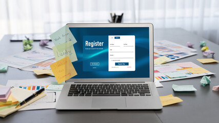 Sticky note for creative and analytic brainstorm for business idea with BI data dashboard on laptop screen. Analysis financial data visualization tech for marketing strategy. Prodigy