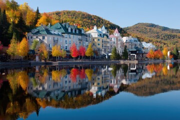 Obraz premium Majestic Mont Tremblant: Autumn Reflections of Colourful Forests and Islands on the Serene Lake in Quebec, Canada