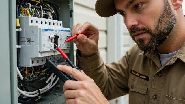 Electrician Testing Electrical Panel with Multimeter - A male electrician carefully uses a multimeter to test the voltage in an electrical panel. He is focused on his work and wearing a brown work shi