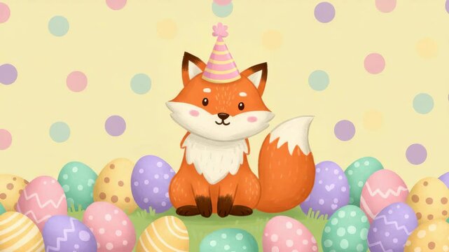 Adorable Fox Celebrating Easter with Pastel Eggs - A cute cartoon fox wearing a party hat sits amidst a colorful collection of pastel Easter eggs on a light yellow background with pastel polka dots. T