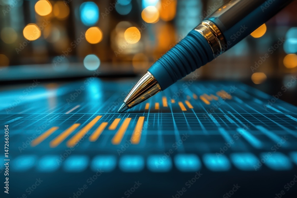 Poster modern workspace showcasing a pen resting on a stylized digital display with glowing data visuals an