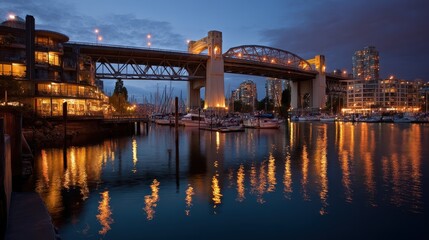 Obraz premium Granville Island Market Illuminated at Dusk: A Stunning Night Panorama Over the River and Bridge in the Heart of Prague