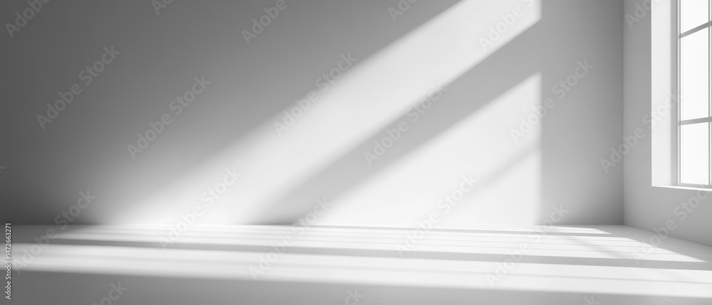 Aufkleber bright sunlight streaming through large window casting geometric shadow patterns on minimalistic whi