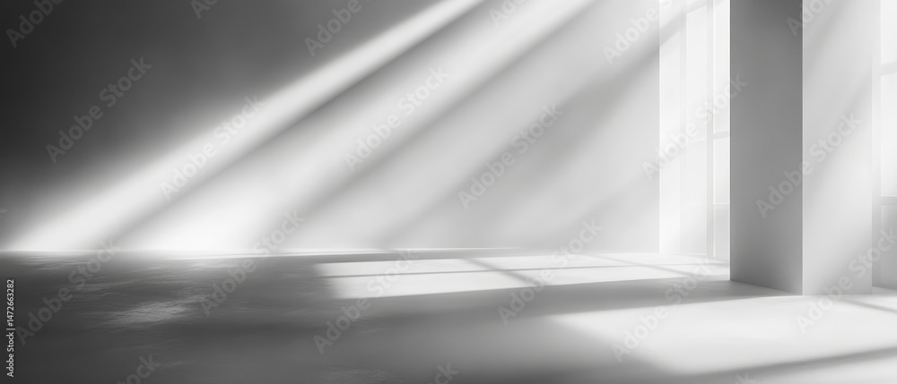 Poster bright airy modern interior space with large floor to ceiling creating natural sunlight patterns and