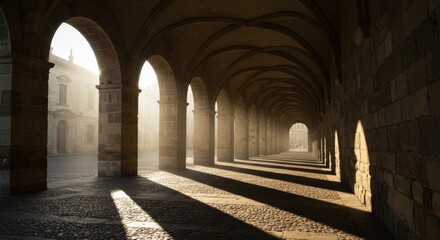 Fototapeta premium Sun Rays Filtering Through Historic Building Arches in Early Morning