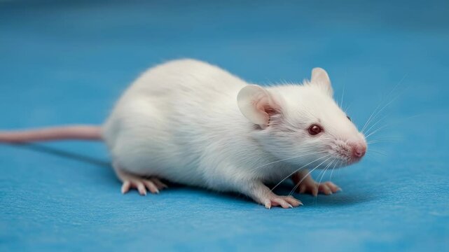 White Laboratory Mouse on Blue Background - A small, white laboratory mouse sits on a smooth, bright blue surface.  Its fur is clean and its pink ears and tail are visible.