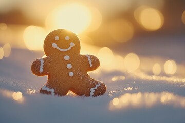 Gingerbread cookie with icing details standing on snowy surface with golden sunlight and festive bokeh background. Christmas holiday season concept