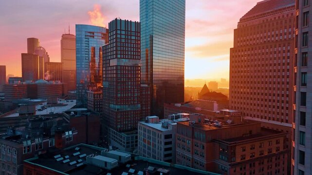 Orange light of setting sun reflects on the facades of mirror towers. Dusk time in modern Boston, Massachusetts, USA. Aerial view.