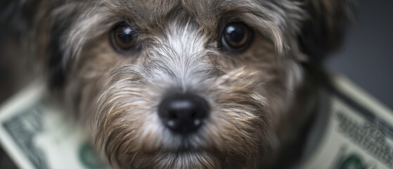 Adorable dog surrounded by dollar bills.
