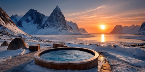 Snowy mountain hot tub sunrise scene